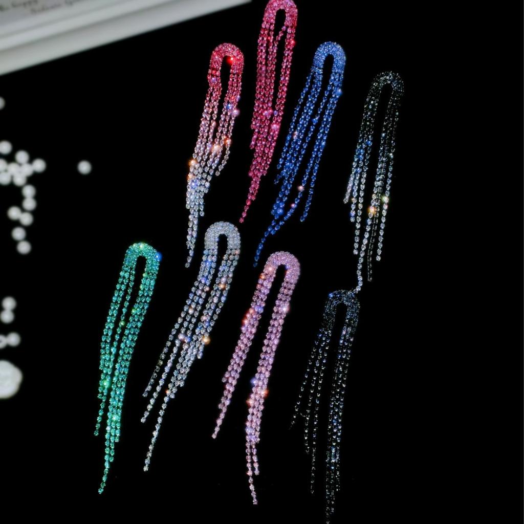 Longues Boucles d'Oreilles Simples et Polyvalentes à Franges de Strass