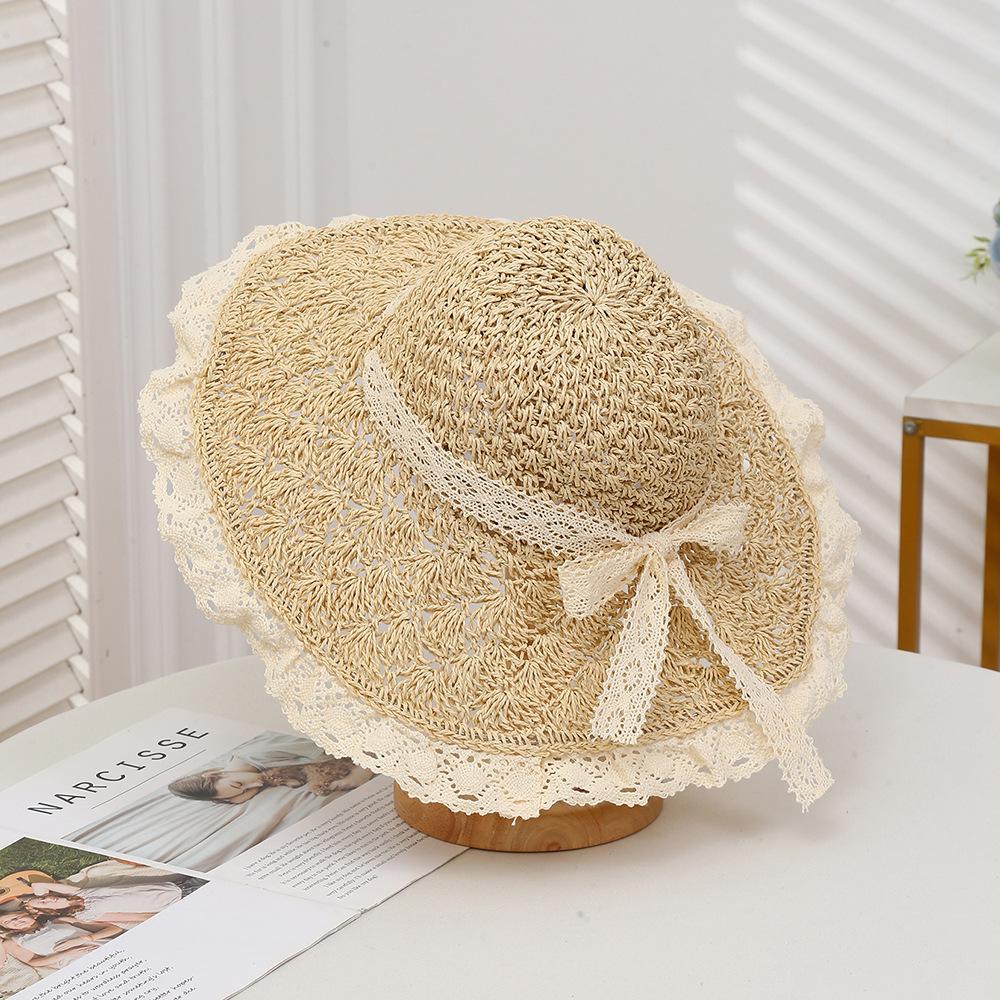 Straw Hat for Women Summer Handmade Weave Hollow Lace Up Anti-UV Beach Cap Foldable Large Brim Panama Bucket Fashion Sun Hat