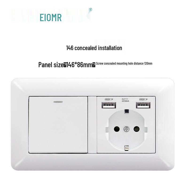 Curved White European Standard Socket Panel with Double USB & Type C, German Switch, Concealed Installation