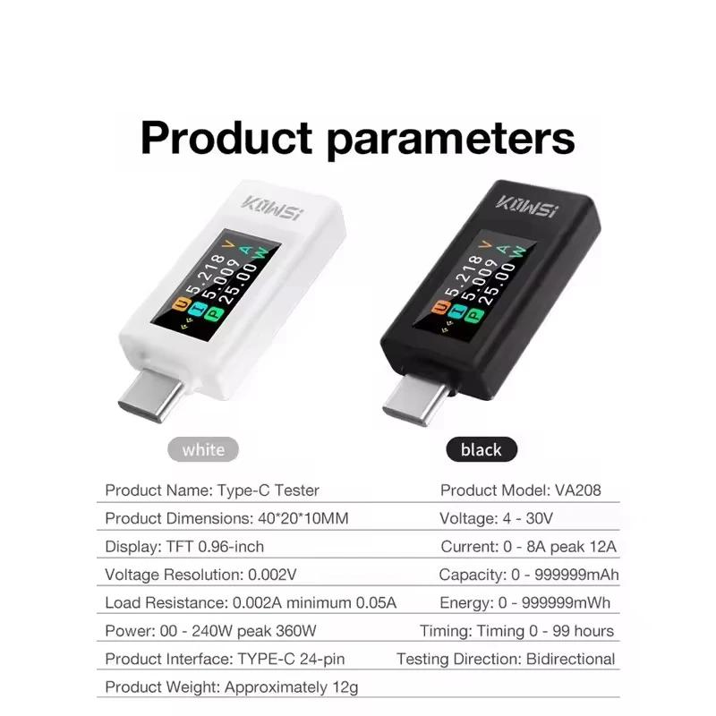 KWS-1902L Multifunktionaler USB-C Typ-C Spannungs-Leistungsstrom-Tester 4-30V Voltmeter und Leistungsmesser mit Ausschalt-Speicher