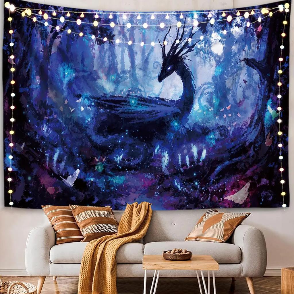 Traumhaftes Verzaubertes Wald-Wandteppich Blau Fantasie-Drache Wandkunst Cooles Anime-Dekor Wohnzimmer Schlafzimmer Wohnheim Natur Dekoratives Geschenk
