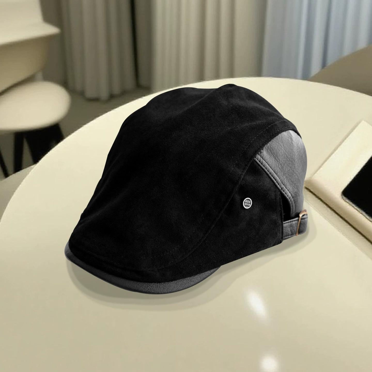 

Japanese and Korean Leather Beret with Suede and Leather Patchwork British Fashion Versatile Small-Face-Enhancing Octagonal Hat 58