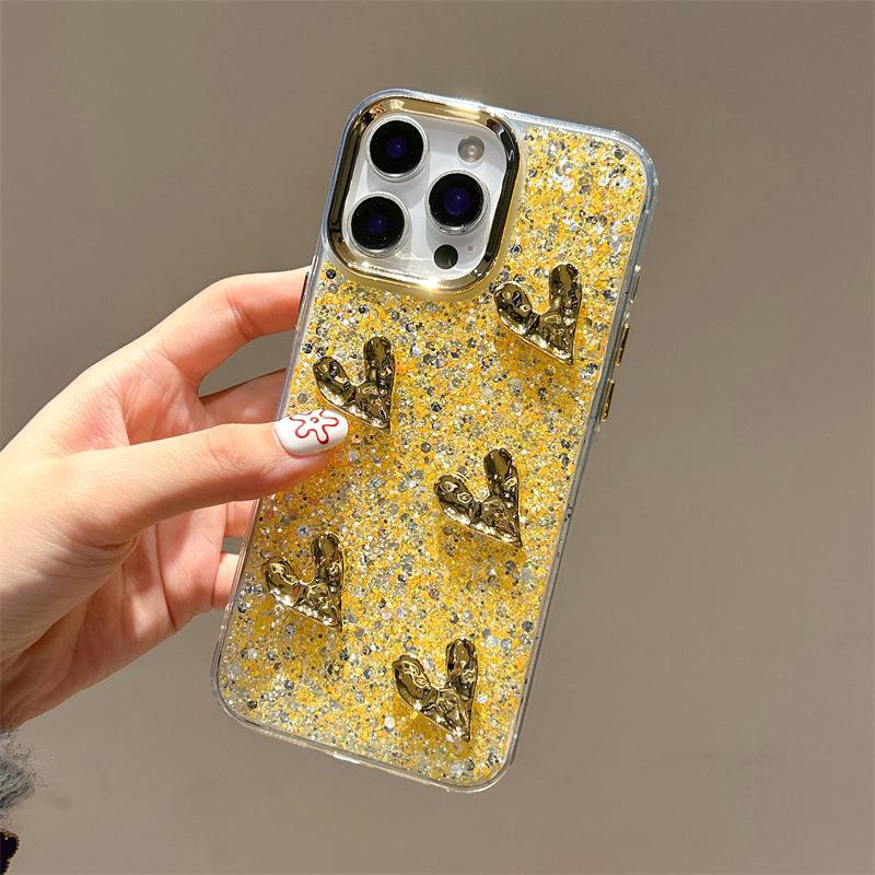

Gold Glitter Sequined Bow Mobile Phone Case For Iphone16Promax Epoxy Apple 17 Women S Love iPhone 17Promax