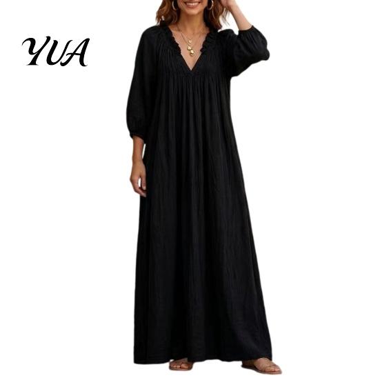 Spring Autumn Dresses Bohemian Ruffle V-Neck Long Dress, 3/4 Sleeves Maxi Dress for Comfortable Women Women, Solid Color Casual Loose Fall