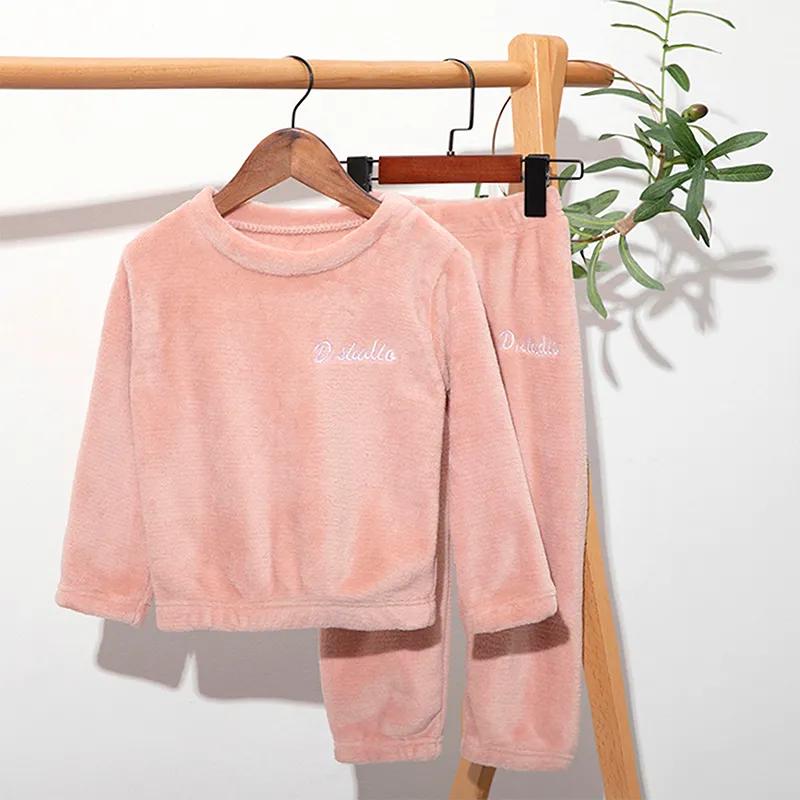 Children's Winter Thickened Warm Homewear Set Solid-Colour Round-Neck Pullover Top + Trousers Two-Piece Set Suitable for Outdoor Wear