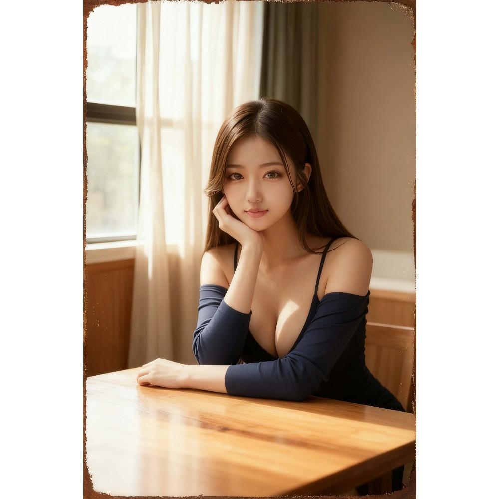 

HD Metal Tin Sign Lovely Asian Woman in Navy OffShoulder Dress Vintage Wall Art Decor for Home Bar Man Cave Retro Metal Plaque 20x30cm（7.8x11.8inch）