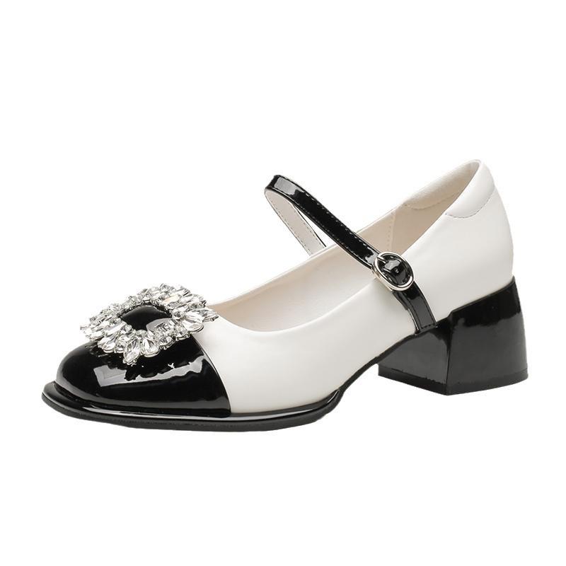 French Thick Heel Mary Jane Shoes Femininity Spring 2025 New Black and White Color Matching Design Sense Rhinestone High Heel Shoes