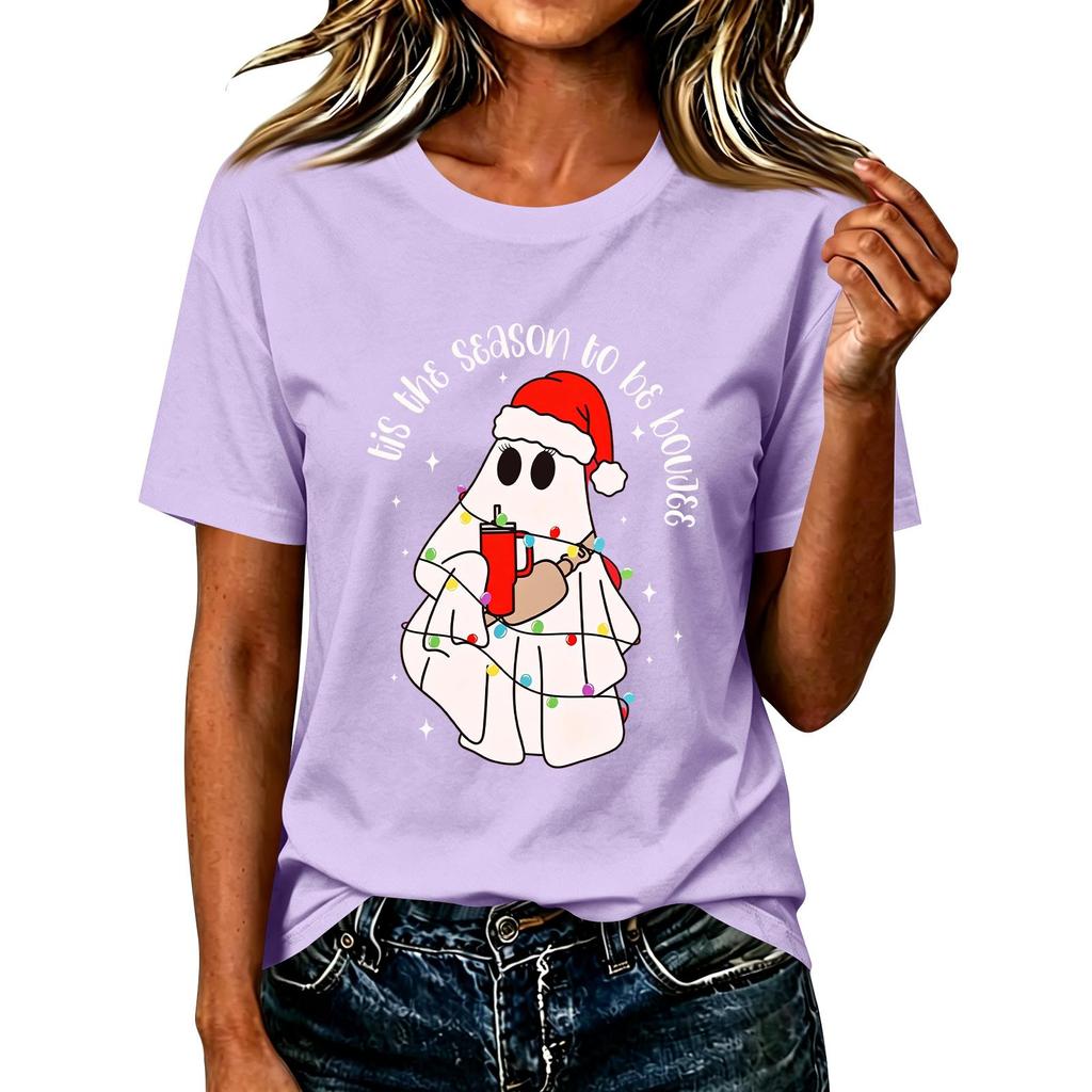 Damen Christmas Print Kurzarm T-Shirt Lässiges Feiertags-Top