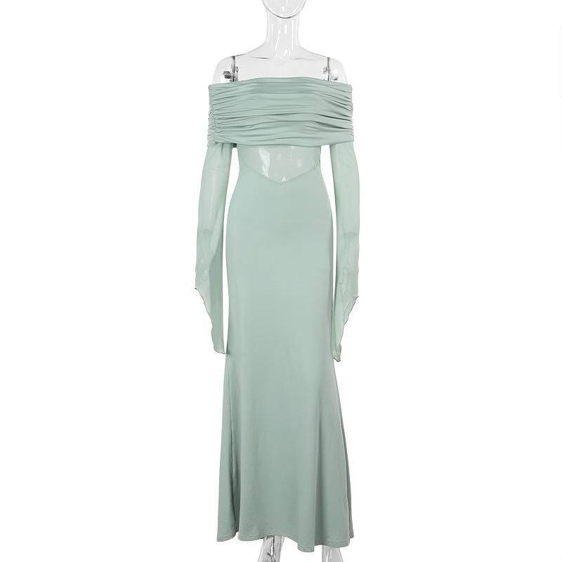 

Autumn 2025 New Model Fashionable Style Temperament One Shoulder Lumbar Perspective Shrink Folds Sharp Edged Sleeves Dress L зелёный