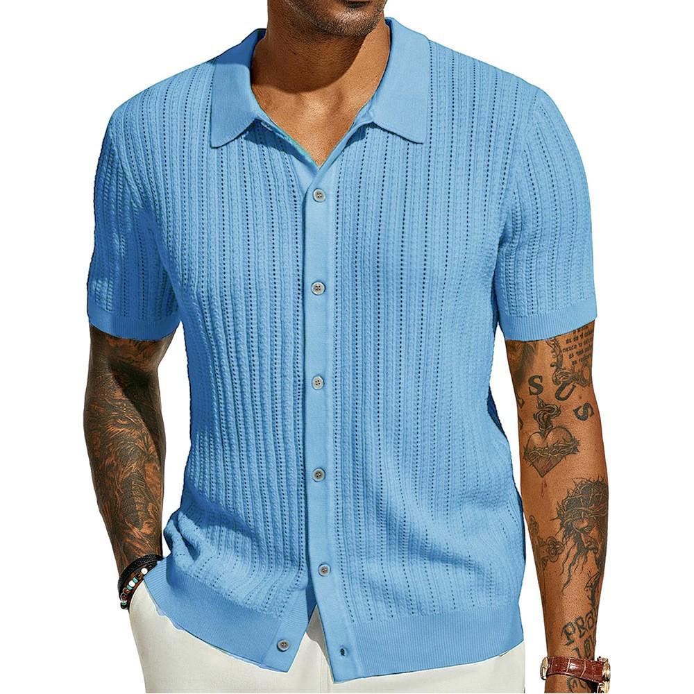 Men's Summer Cool Knit Short Sleeve Collared Shirt - Solid Color, Breathable, Hollow Out Design
