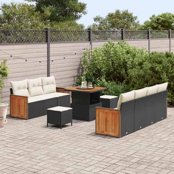 Ensemble de sofa de jardin 10 pièces vidaXL avec coussins en poly rotin noir et acacia, Ensemble de repas de jardin 3 pièces 3365215