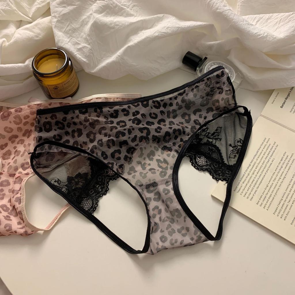 Lady Summer New Leopard Print Lace Bow Hollow Breathable Triangle Briefs