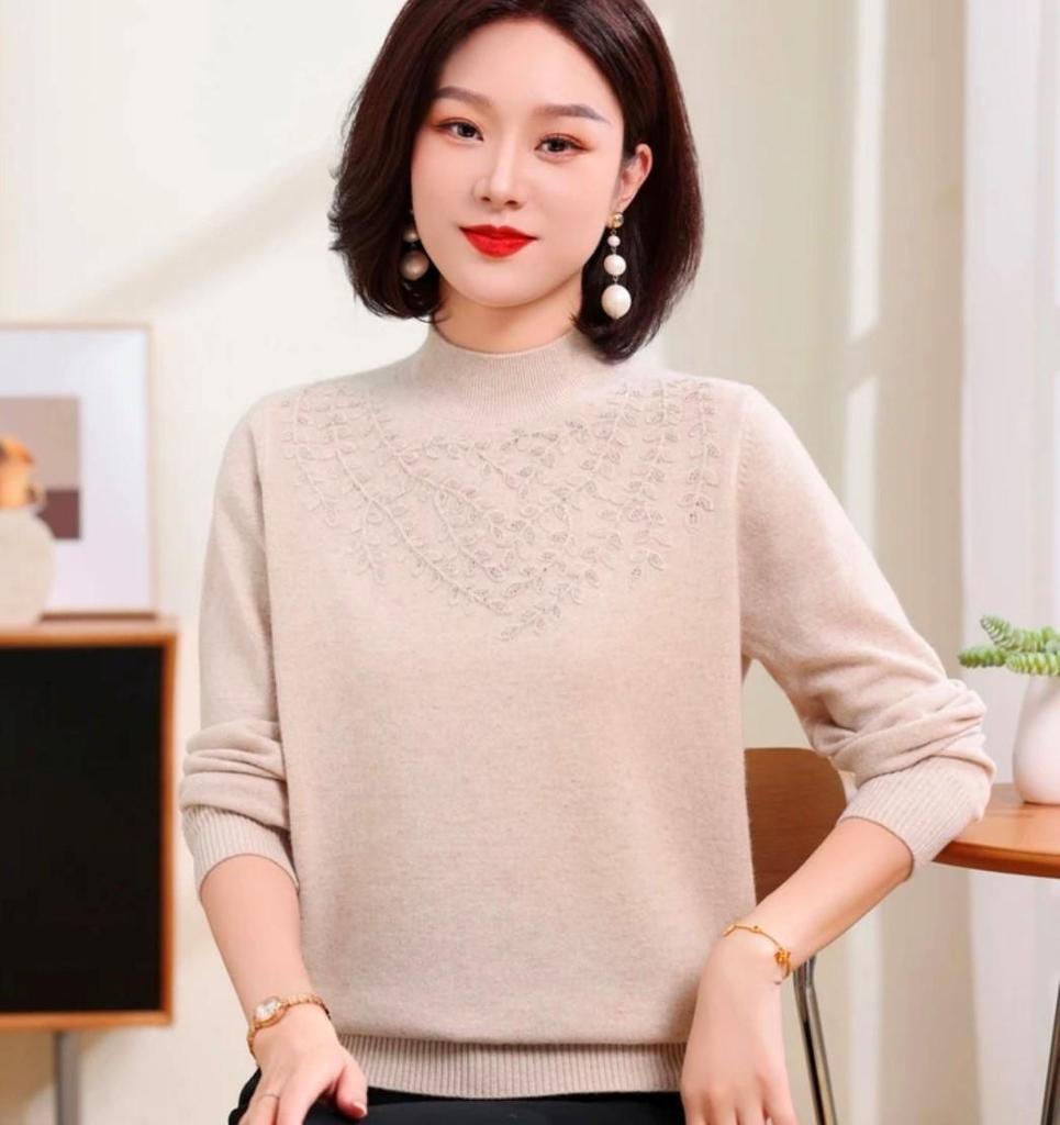 Mom's Embroidered Wool Sweater - Half-High Collar, Solid Color, Plus Size, Middle-Aged Women's Winter Knitwear