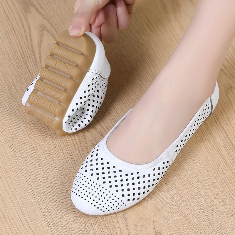 Fashion GKTINOO White Genuine Leather Ladies Breathable Summer Shoes Women Flats Slip-On Loafers Round Toe Soft Flat Shoes Casual