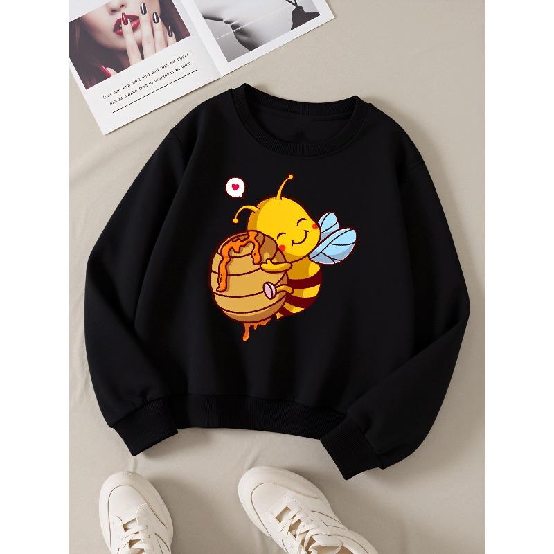 Girls Soft Crewneck SweatshirtCute Bee Hugging Honey Pot Cartoon Print with Cute Creative Print, Casual All-Match for Fall Winter