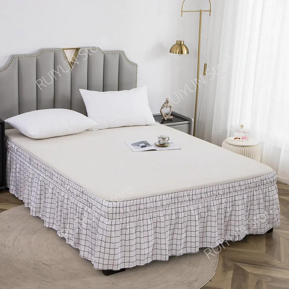 Home Kostkovaná postelová sukně bez povrchu Elastická páska Postelová sukně Omotávka kolem nařasená postelová sukně Couvre Lit Twin /Plná/ Queen/ King