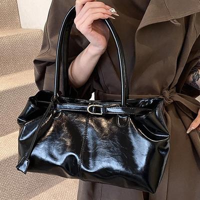 Retro Fashi Handbag High-end Simple Pu Shiny Leather Women's Shoulder Bag Casual Commuting Shopping Travel Underarm Tote Bag