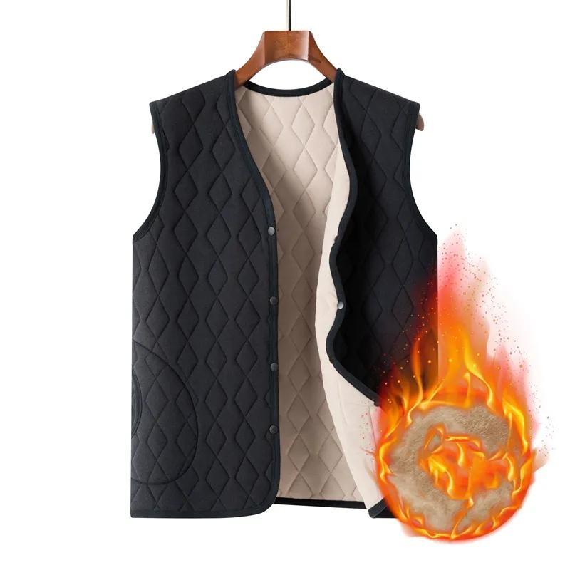 Men Autumn Winter Waistcoat Lamb Fleece Vest Button Thicken Warm Solid V-Neck Casual Plaid Jackets