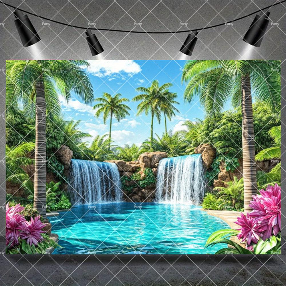 Hawaiian Tropical Summer Beach Background with Flamencos, Flowers, Aloha, Luau, Surfboard, for Parties, Photographic Studio Decoration