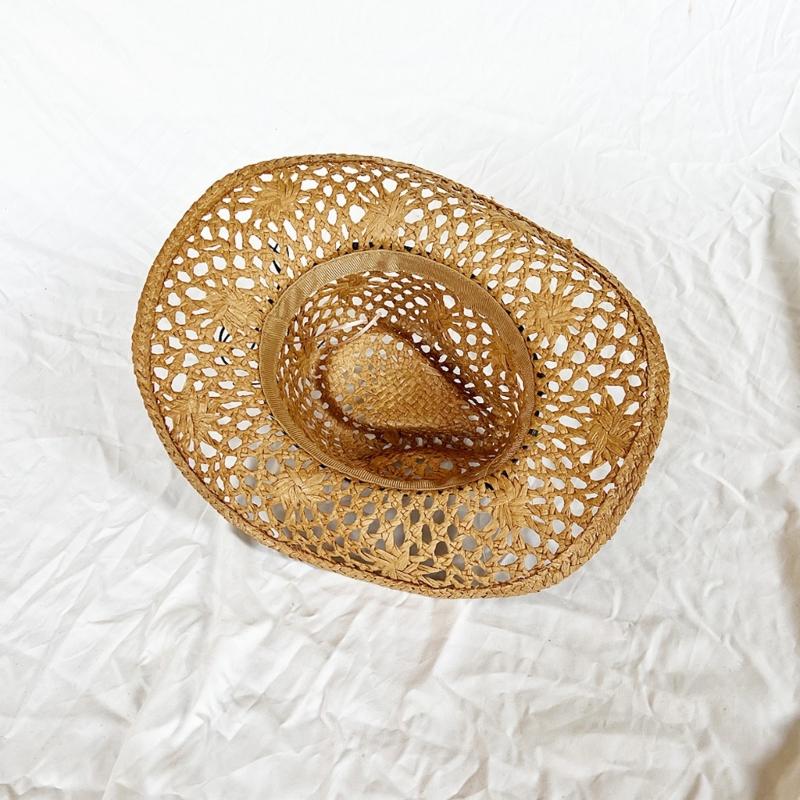 Ethnic Western Styles Natural Paper Straw Hat Sun Protection Rolled Brims Design For Beach Camping Outdoor Activities