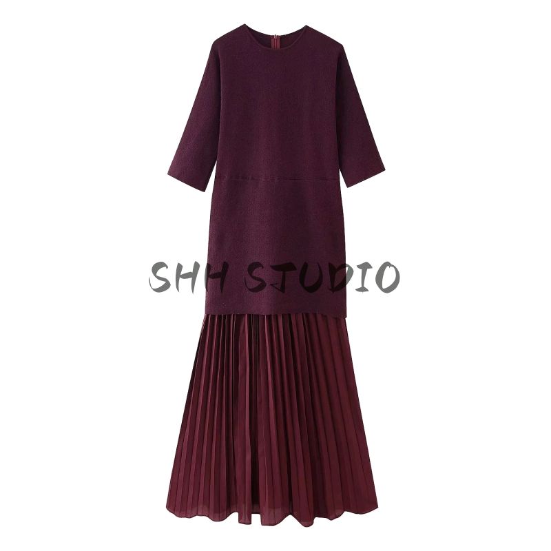 Spring and Summer New Women's Clothing French Simplicity Short Sleeve round Neck Knitting Small Pleated Patchwork Dress 4192001