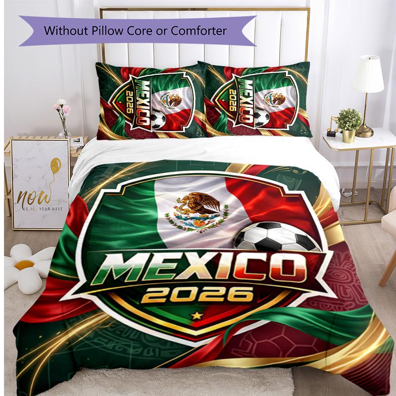 Mexico footbal Printed Bedding 3 Piece Set Cozy Breathable Bed Cover Set as Housewarming Holiday Gift