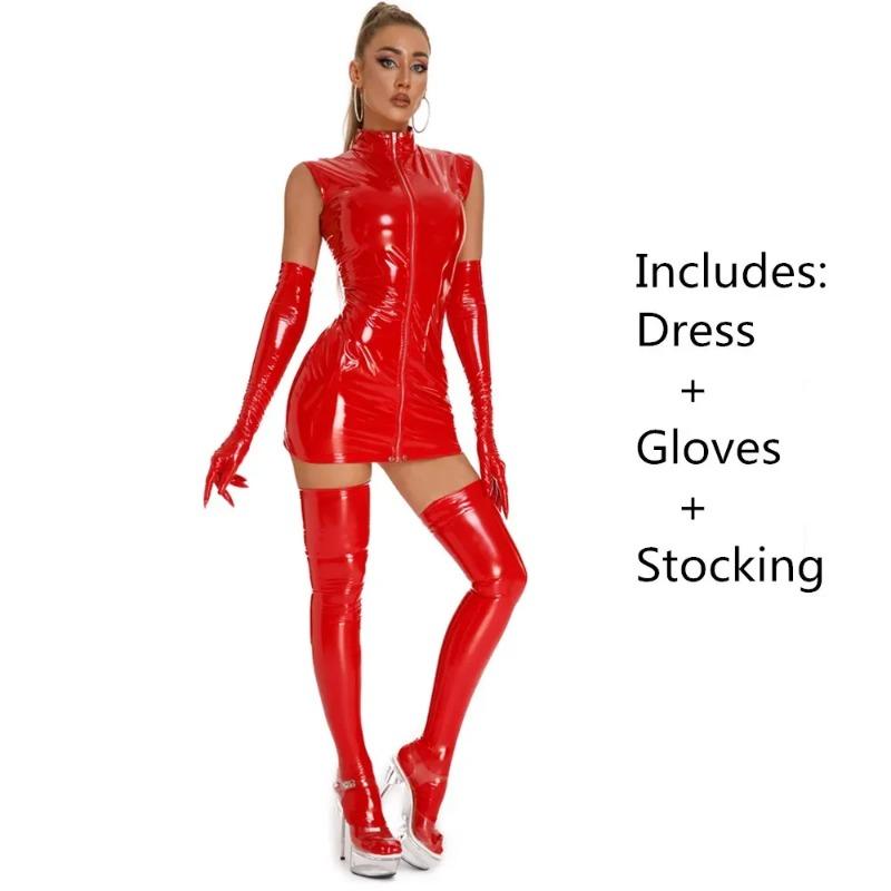 PU Leather Dress With Glove Stockings Punk Gothic Sexy Bodycon Mini Lingerie Dress Latex Catsuit Women Club Party Outfits