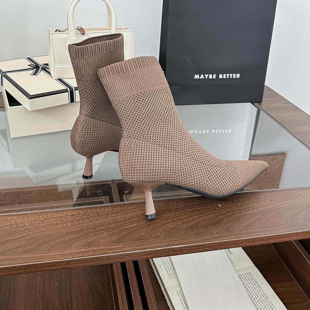 Flying woven high-heeled fashion boots for women, Europe, America 2025 spring and autumn new thin heels pointed sleeves elastic thin socks boots f