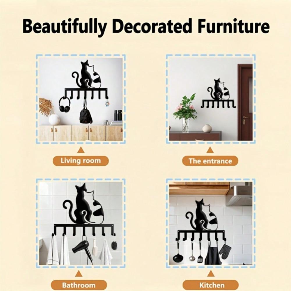 Modern Cat Silhouette Key Holder 7 Hook Wall Mounted Iron Organizer Space Saving Entryway Bedroom Gift for Cat Lovers