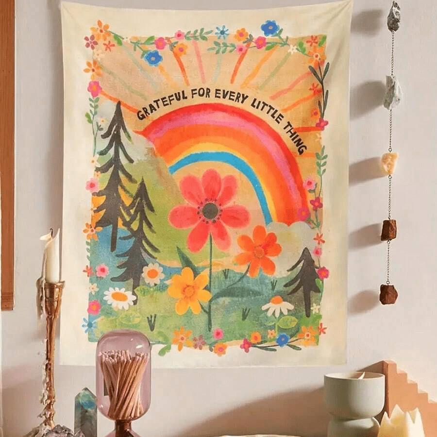 

VIKAMA Gratitude Rainbow Tapestry Colorful Flowers Pine Tree Border Bedroom Bed and Breakfast American Decorative Art 40X60CM(1.3X2FT
