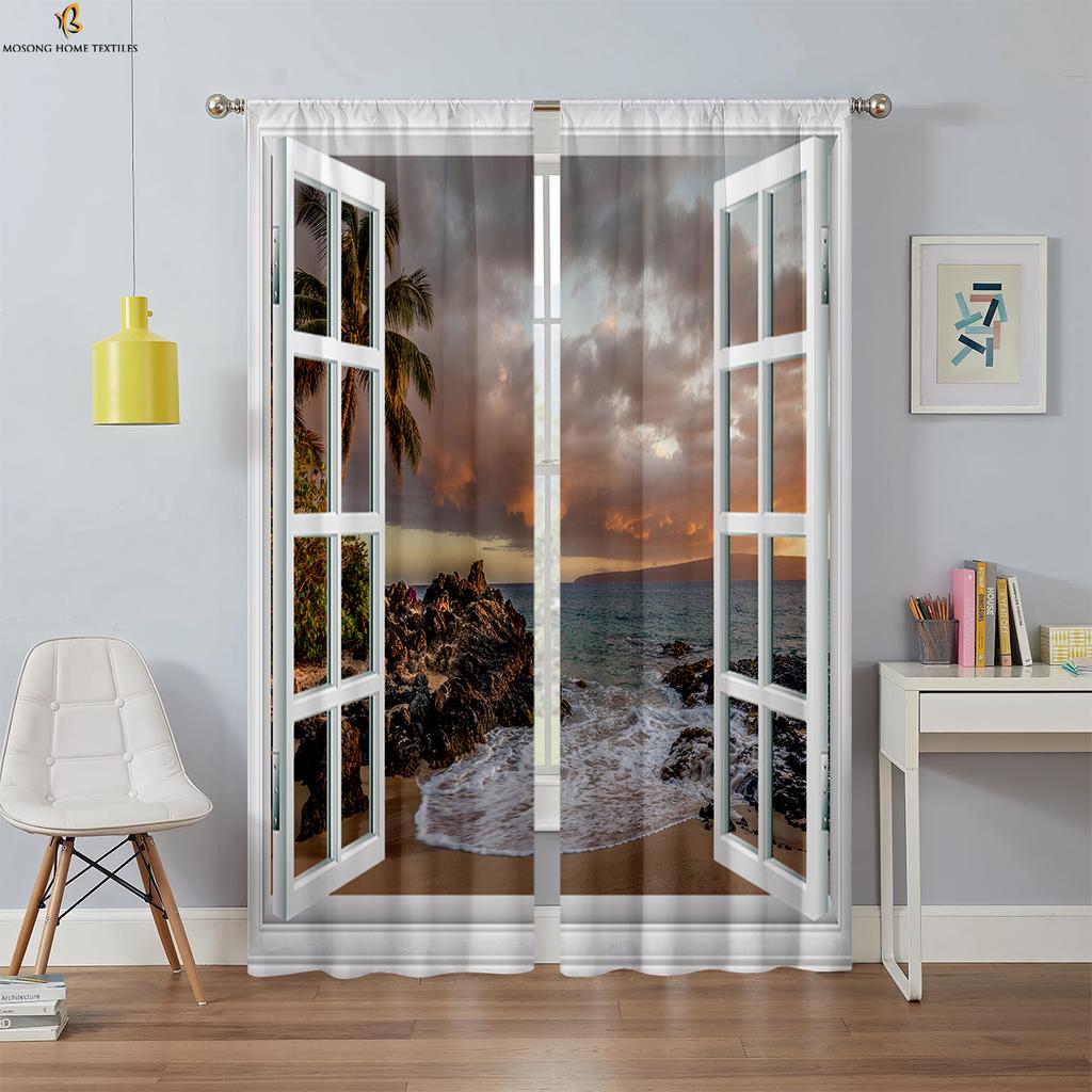 3D Printed Curtains With High Quality Black Silk Blackout Heat Insulation Curtains For Bedroom, Study And Living Room 2PCS