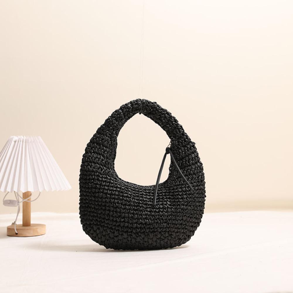 Grass Straw Bag Half Moon Weave Tote Bag Trendy Clutch Crescent Bag  Outdoor чёрный