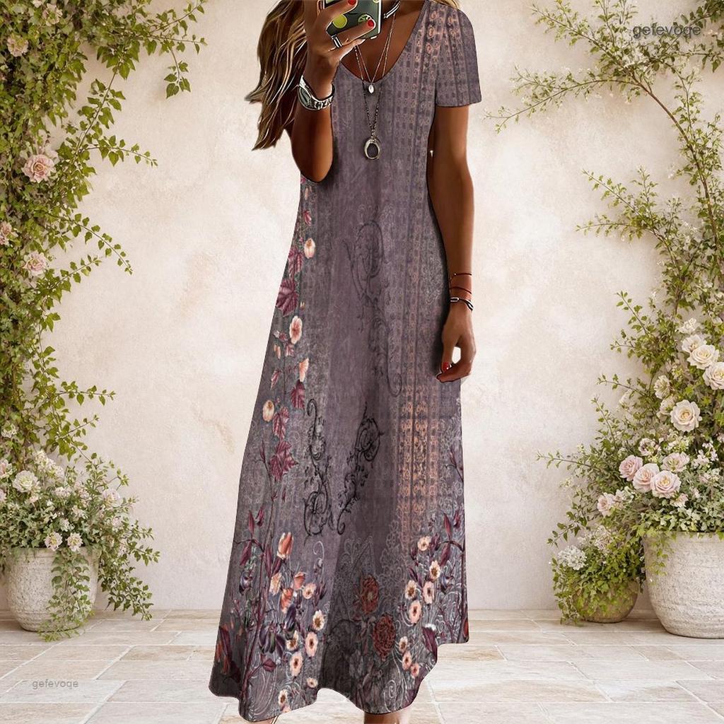 Women Plus Size V Neck Short Sleeve Printed Pink White Long Straight Dress