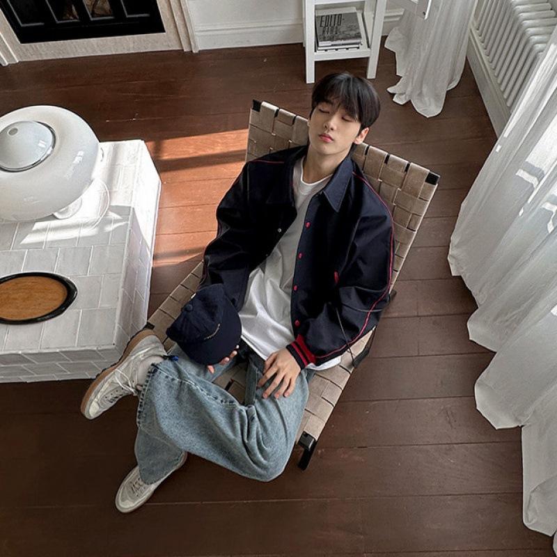 Short Lapel Jacket Men's Coat Autumn New Korean Style Loose Contrast Color Baseball Uniform Top
