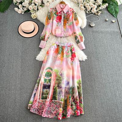Spring Summer Designer Runway Painted Print 2 Piece Set Women's Lapel Shirt + Long Maxi Skirt Office Party Suits