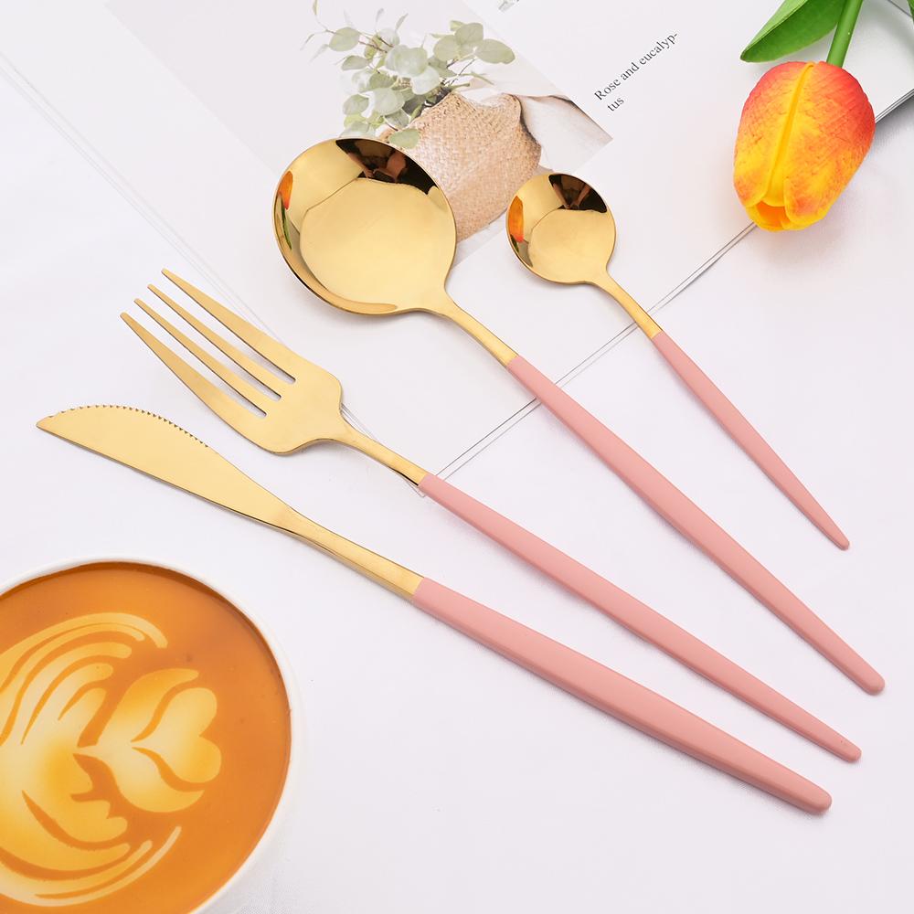 6People Luxury Gold Dinnerware Set Stainless Steel Tableware Set Knife Fork Spoon Flatware Cutlery Set Silverware Bright Light