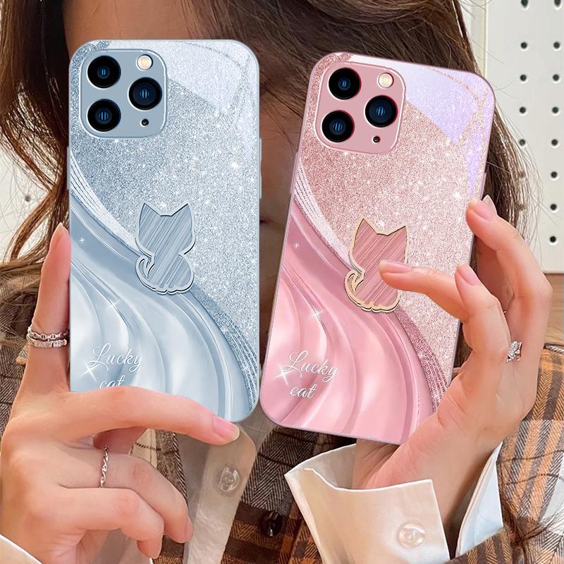 Sparkling Diamond Cat For IPhone 16 Pro Max 15 Pro 14 13 12 Mini 11 XS Max XR 7 8 Plu SE 2022 Tempered Glass Phone Case