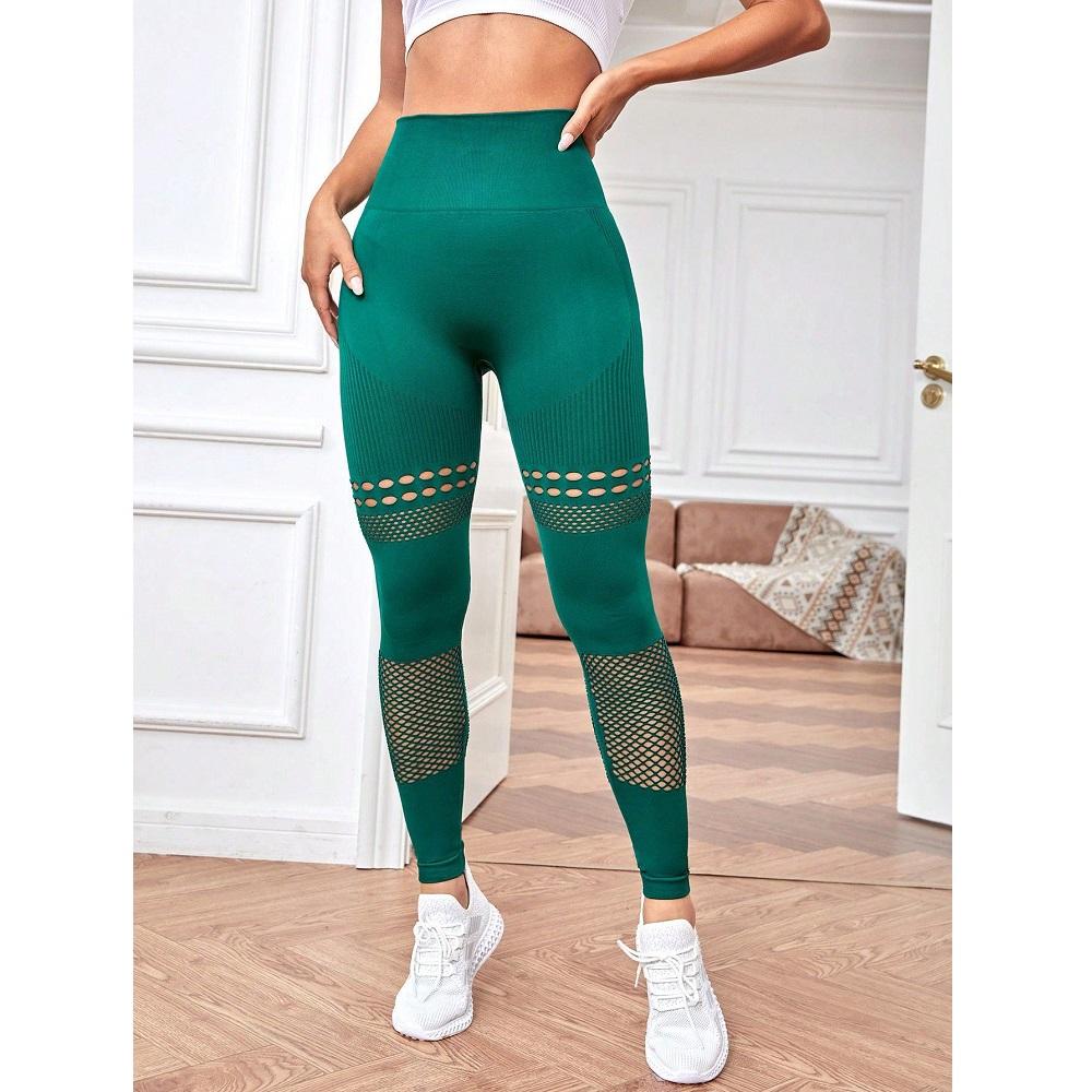 

High Waist Stretch Sport Leggings For Women Hollow Out Fitness Skinny Pencil Pants L темно-зелений колір