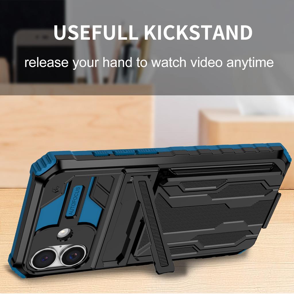 For iPhone 16 Case with Card Holder PC + TPU Phone Back Cover Kickstand