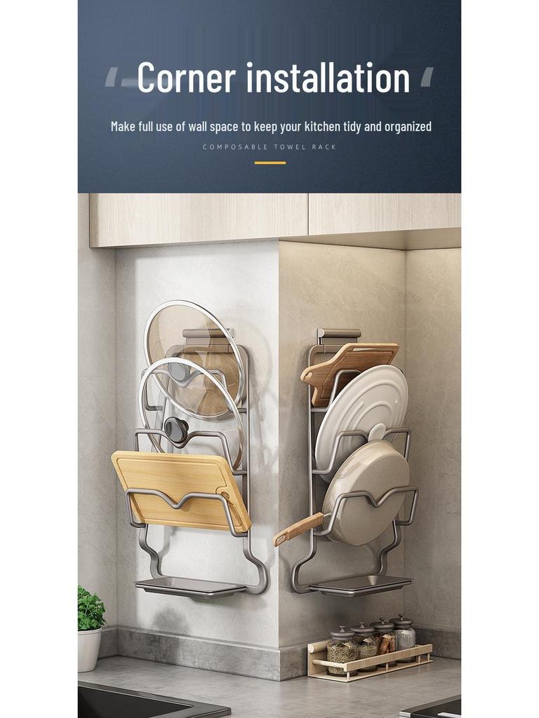 Rostfri väggmonterad grytlock- och skärbrädeorganisatör med vattenuppsamlingslåda