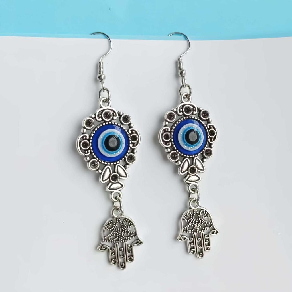 Bohemian Blue Evil Eye & Fatima Hand Drop Earrings