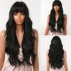 ALAN EATON Long Black Synthetic Wigs with Bangs Natural Wavy Wig for Women Daily Party Natural Looking Hair Heat Resistant Fiber