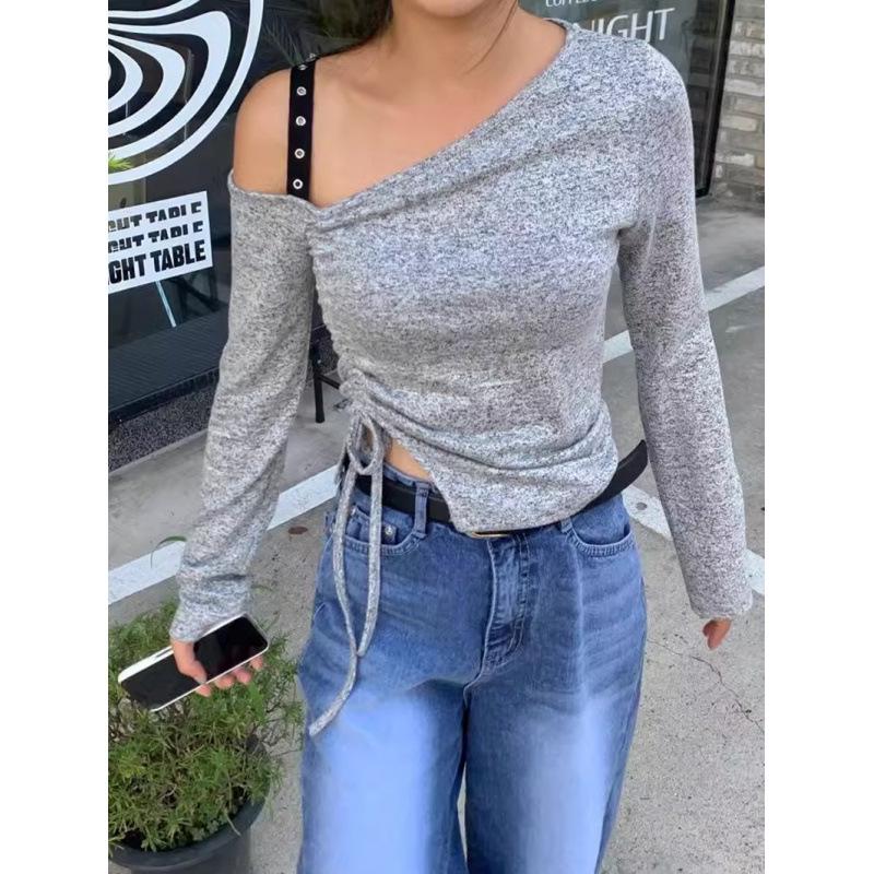 

Korean Dongdaemun Slim Fit Solid Color Drawstring T-shirt for Women - Early Autumn 2024 Collection One Size білий