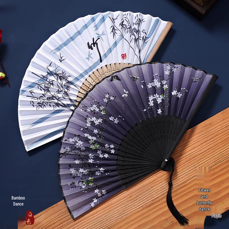 Ancient Chinese Style Black Bamboo Folding Fan for Women's Hanfu Dance Costume