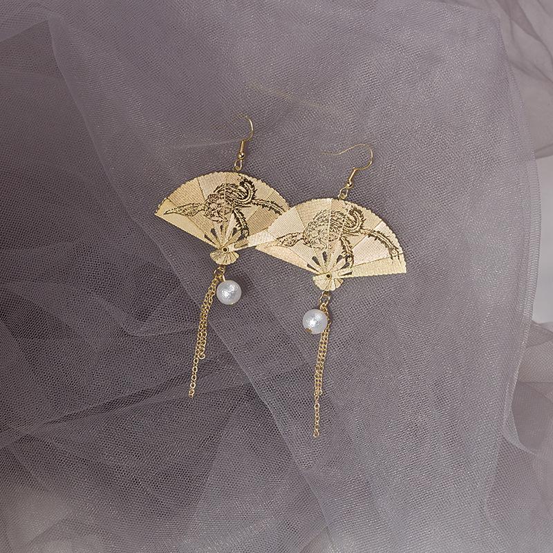925 Silver Carved Fan Earrings with Pearls and Tassels - Hanfu Inspired Retro Style
