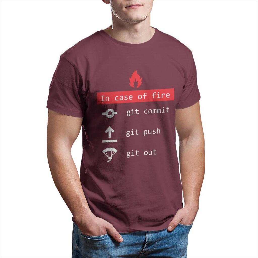 In Case Of Fire Git Commit Push Funny Coder Programmer Devops Network Sysadmin Geek T-Shirt for Men 100% Cotton Printed Clothing