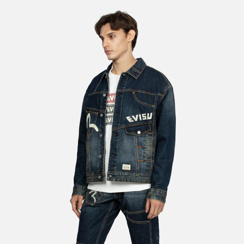 Evisu Aw23 Big M Print Oversized Deconstructed Denim Jacket Men Jackets Denim-Blue 2EAHTM3DJ1011LFCT
