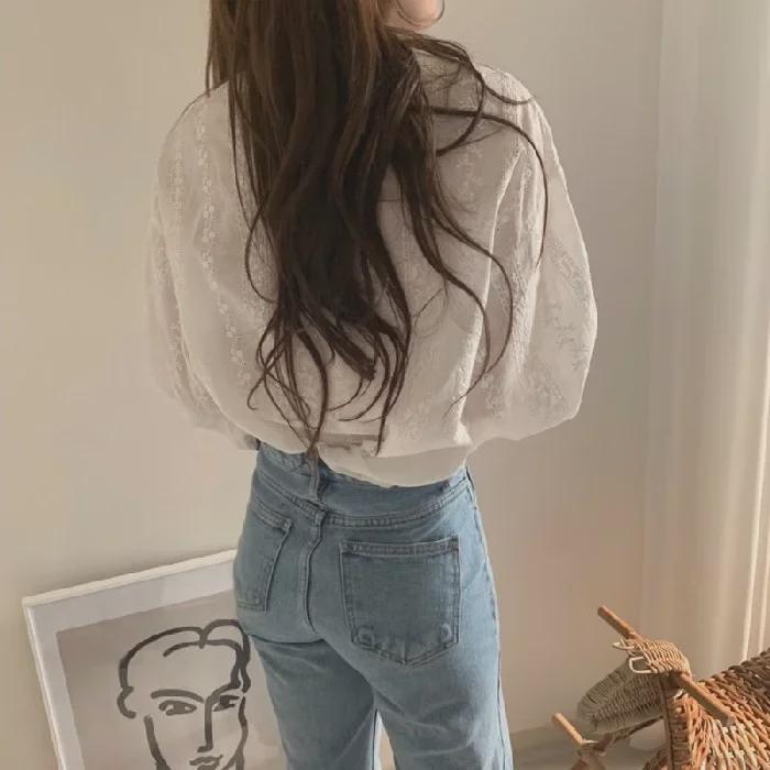 Dámský top s krajkovými rukávy v korejském stylu s laternou