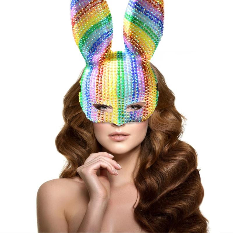 Colorful Rhinestones Masquerade Mask Long Bunnies Ear Mask For Men Women Halloween Masquerade Cosplay