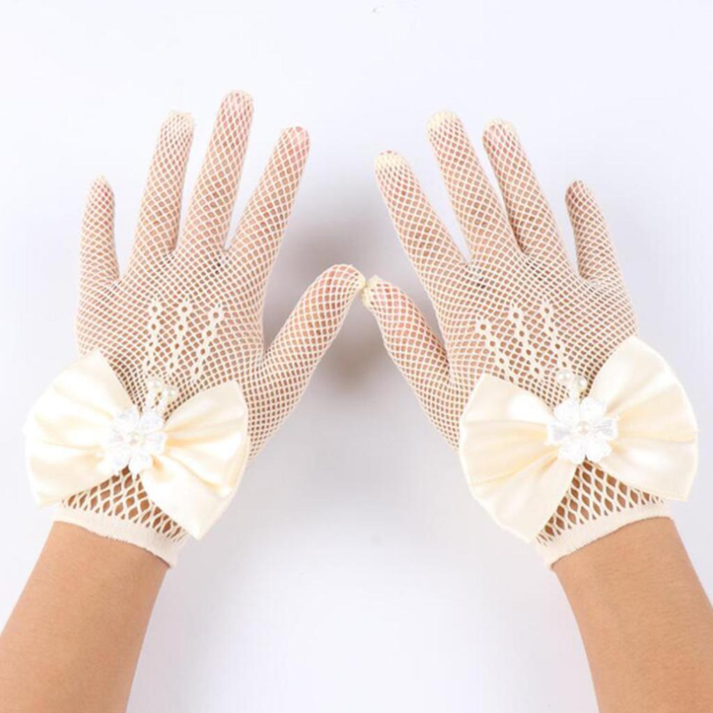 Kids Party Lace Pearl Fishnet Gloves Communion Flower Girl Party Mittens Children's Mittens High Elasticity Mesh Bow Gloves